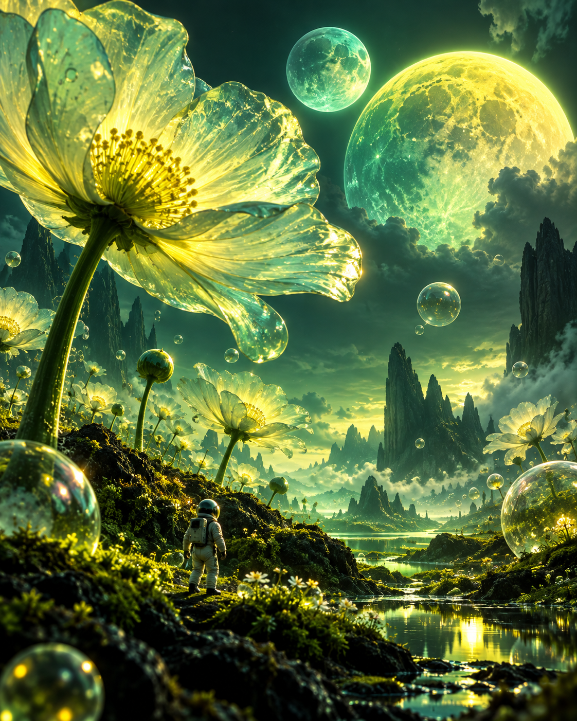 A tiny astronaut exploring a field of giant translucent flowers