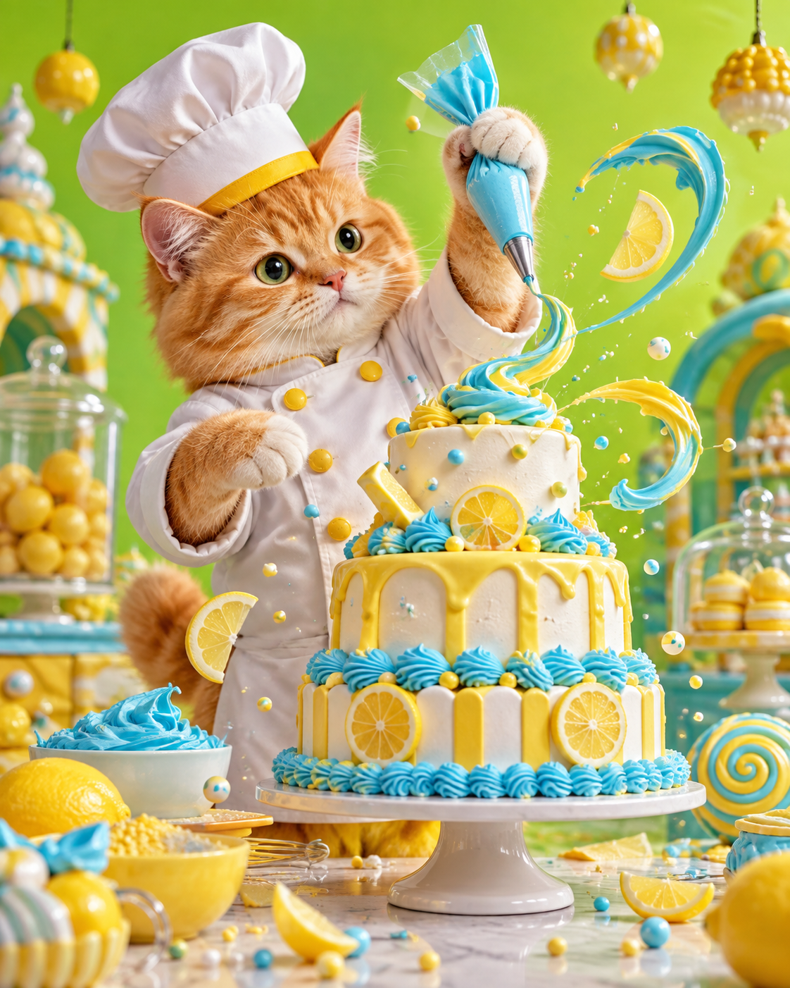 An orange cat chef decorating a bright cake