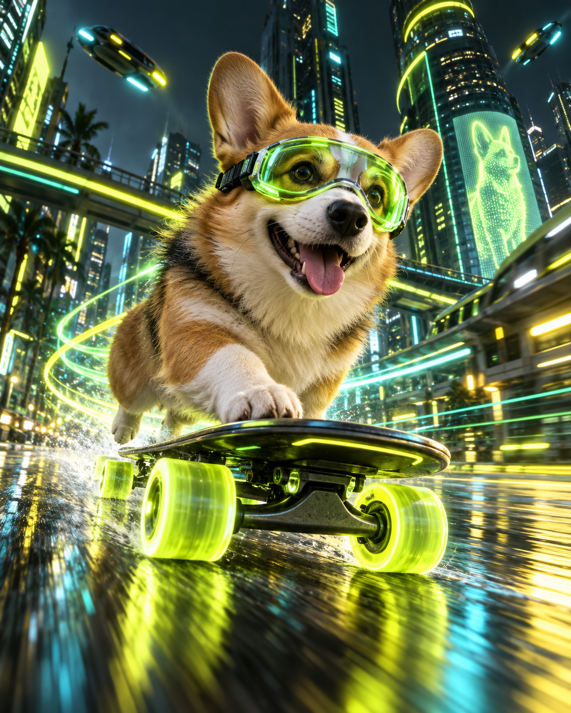 A corgi skateboarding through a futuristic neon city
