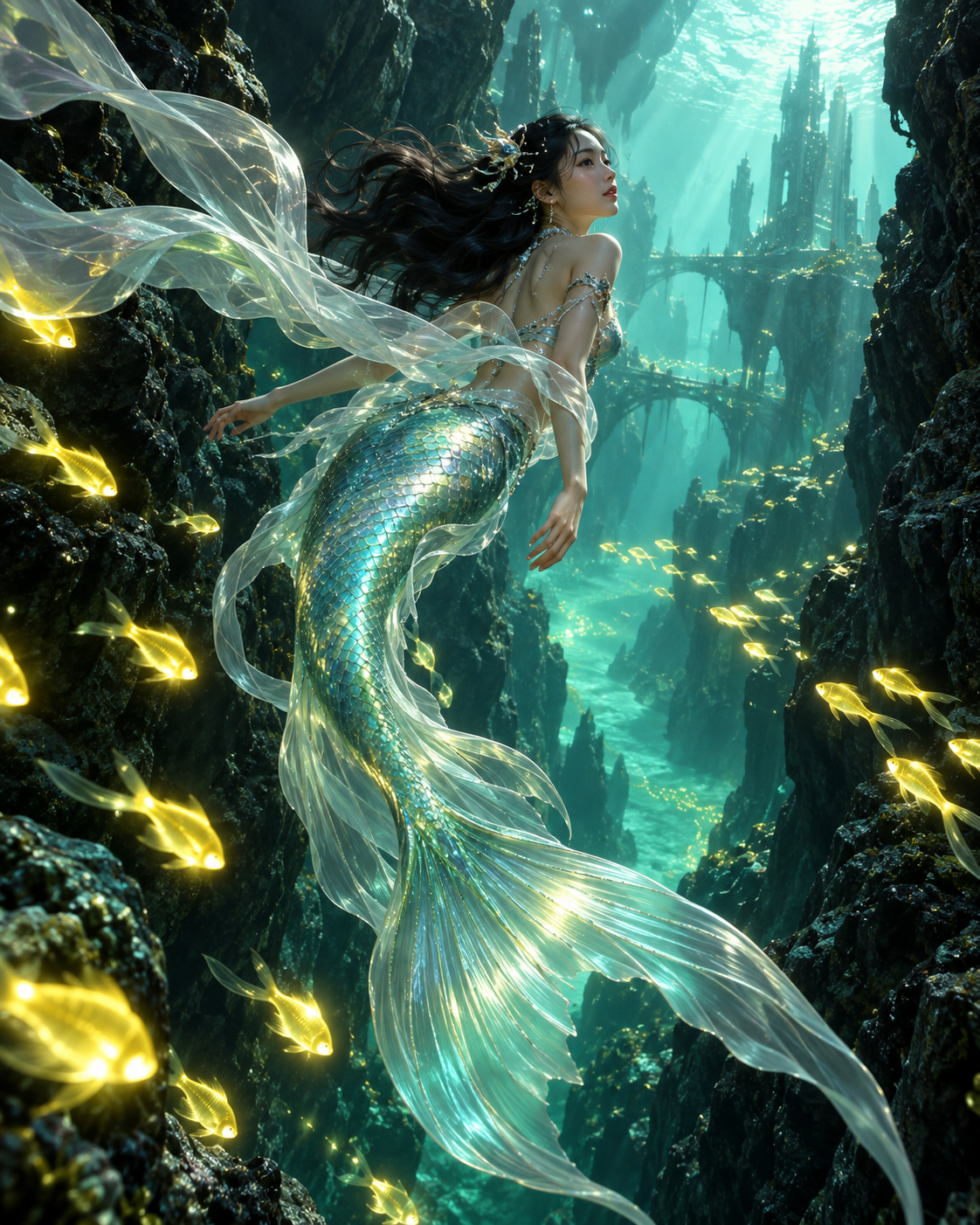 Futuristic mermaid swimming through a cyan canyon
