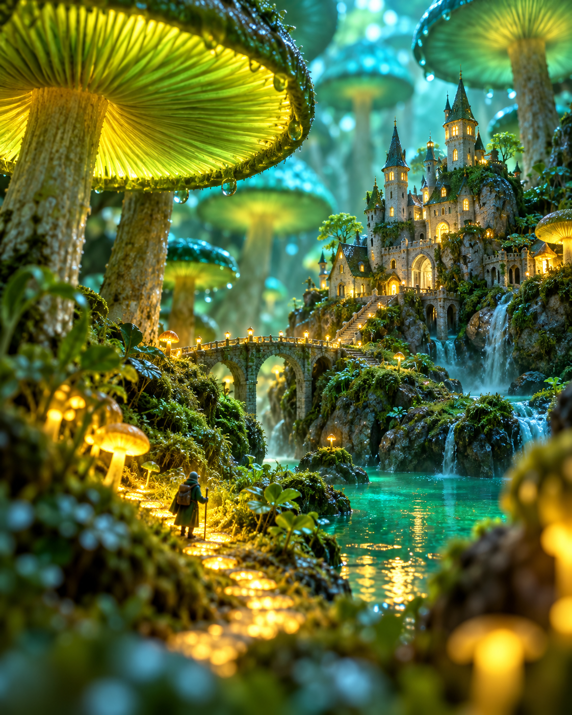 A miniature castle inside a giant glowing mushroom forest