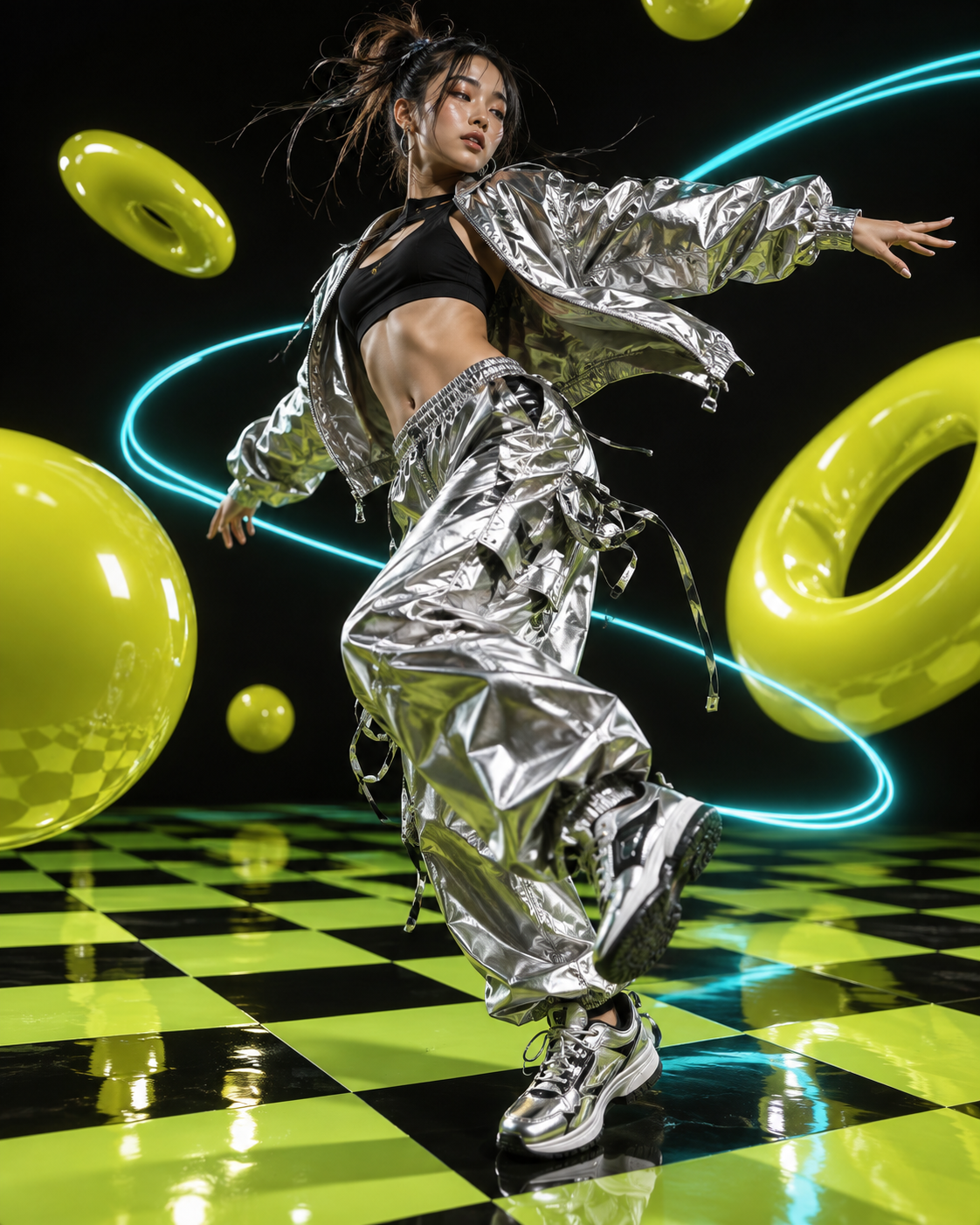 A silver fashion dancer on an acid green stage
